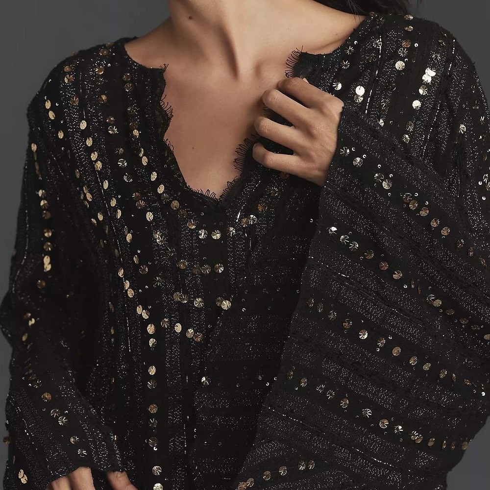 Anthropologie Let Me Be Black Gold Sequin Embellished Lace V Neck Blouse Medium - Picture 4 of 15